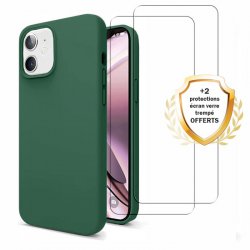 Coque iPhone 11 Silicone liquide Vert Foret + 2 Vitres en Verre trempé Protection écran Antichocs
