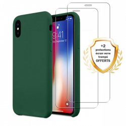 Coque iPhone X/XS Silicone liquide Vert Foret + 2 Vitres en Verre trempé Protection écran Antichocs