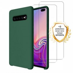 Coque Samsung Galaxy S10 Silicone  liquide Vert Foret + 2 Vitres en Verre trempé Protection écran Antichocs