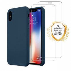 Coque iPhone X/XS Silicone liquide Bleu Marine + 2 Vitres en Verre trempé Protection écran Antichocs