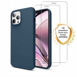 Coque iPhone 12 Pro Max Silicone liquide Bleu Marine + 2 Vitres en Verre trempé Protection écran Antichocs