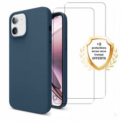 Coque iPhone 11 Silicone liquide Bleu Marine + 2 Vitres en Verre trempé Protection écran Antichocs