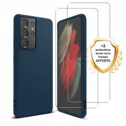 Coque Samsung Galaxy S21 Ultra 5G Silicone liquide Bleu Marine + 2 Vitres en Verre trempé Protection écran Antichocs