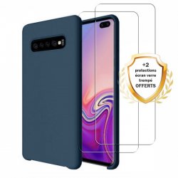 Coque Samsung Galaxy S10 Plus Silicone liquide Bleu Marine + 2 Vitres en Verre trempé Protection écran Antichocs