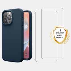 Coque iPhone 14 Pro Max Silicone liquide Bleu Marine + 2 Vitres en Verre trempé Protection écran Antichocs