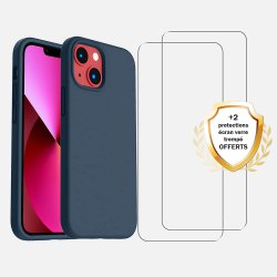 Coque iPhone 13 Mini Silicone liquide Bleu Marine + 2 Vitres en Verre trempé Protection écran Antichocs