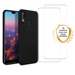 Coque Huawei P30 Lite/ P30 Lite XL Silicone Liquide Noire  + 2 Vitres en Verre Trempé Protection écran