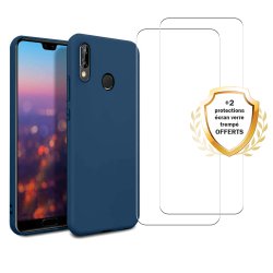 Coque Huawei P30 Lite/ P30 Lite XL Silicone Liquide Bleue + 2 Vitres en Verre Trempé Protection écran