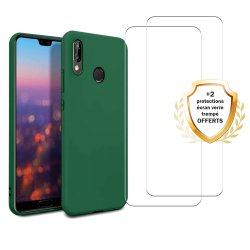 Coque Huawei P30 Lite/ P30 Lite XL Silicone Liquide Vert + 2 Vitres en Verre Trempé Protection écran