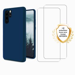 Coque Huawei P30 Pro New Edition Silicone Bleue + 2 Vitres en Verre Trempé Protection écran