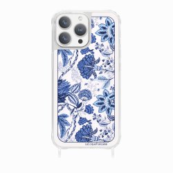 Coque iPhone 14 Pro avec anneau glossy transparente Foulard fleurs bleues Design La Coque Francaise.