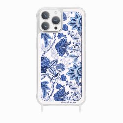 Coque iPhone 13 Pro Max avec anneau glossy transparente Foulard fleurs bleues Design La Coque Francaise.