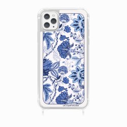 Coque iPhone 11 PRO MAX avec anneau glossy transparente Foulard fleurs bleues Design La Coque Francaise.