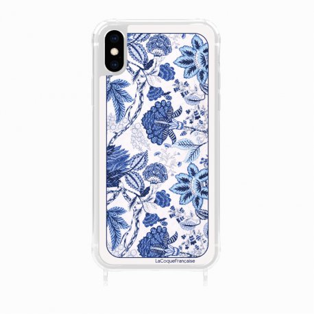 Coque iPhone Xs max avec anneau glossy transparente Foulard fleurs bleues Design La Coque Francaise.