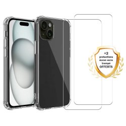 Coque iPhone 15 Antichoc Silicone bords renforcés + 2 Vitres en verre trempé Protection écran