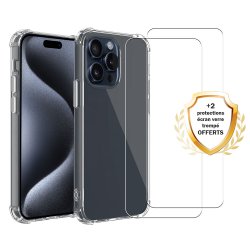 Coque iPhone 15 Pro Antichoc Silicone bords renforcés + 2 Vitres en verre trempé Protection écran