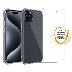 Coque iPhone 15 Pro Max Antichoc Silicone bords renforcés + 2 Vitres en verre trempé Protection écran