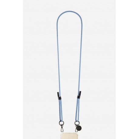 Lani&egrave;re cordon Liam en coton tress&eacute;e avec mousquetons noir metallis&eacute;, coloris bleu et blanc
