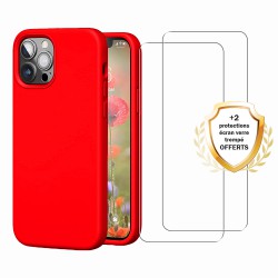 Coque iPhone 12/12 Pro Silicone liquide Rouge + 2 Vitres en Verre trempé Protection écran Antichocs