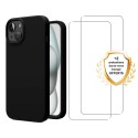 Coque iPhone 15 Silicone liquide Noire + 2 Vitres en Verre trempé Protection écran Antichocs