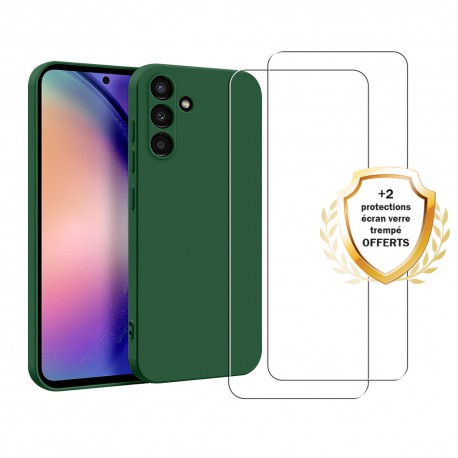 Coque Samsung Galaxy A54 Silicone liquide Vert Foret + 2 Vitres en Verre tremp&eacute; Protection &eacute;cran Antichocs