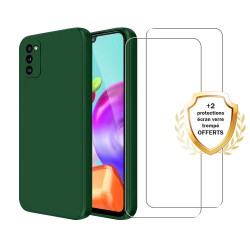 Coque Samsung Galaxy A41 Silicone liquide Vert Foret + 2 Vitres en Verre trempé Protection écran Antichocs