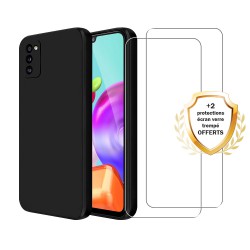 Coque Samsung Galaxy A41 Silicone liquide Noire + 2 Vitres en Verre trempé Protection écran Antichocs