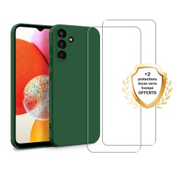 Coque Samsung Galaxy A14 Silicone liquide Vert Foret + 2 Vitres en Verre trempé Protection écran Antichocs