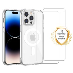 Coque iPhone 14 Pro Max Transparente Compatible Magsafe + 2 Vitres Protection Ecran