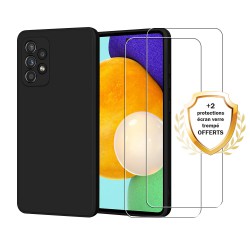 Coque Samsung Galaxy A52 Silicone liquide Noire + 2 Vitres en Verre trempé Protection écran Antichocs