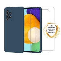 Coque Samsung Galaxy A52 Silicone liquide Bleue Marine + 2 Vitres en Verre trempé Protection écran Antichocs