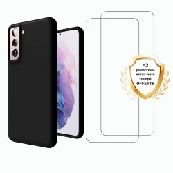 Coque Samsung Galaxy S21 FE Silicone liquide Noire + 2 Vitres en Verre trempé Protection écran Antichocs