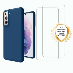 Coque Samsung Galaxy S21 FE Silicone liquide Bleue Marine + 2 Vitres en Verre trempé Protection écran Antichocs