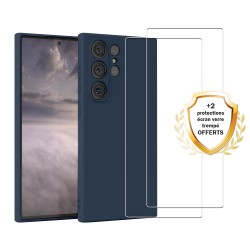 Coque Samsung Galaxy S23 Ultra Silicone liquide Bleue Marine + 2 Vitres en Verre trempé Protection écran Antichocs