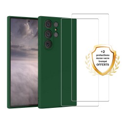 Coque Samsung Galaxy S23 Ultra Silicone liquide Verte + 2 Vitres en Verre trempé Protection écran Antichocs