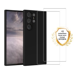 Coque Samsung Galaxy S23 Ultra Silicone liquide Noire + 2 Vitres en Verre trempé Protection écran Antichocs