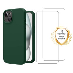 Coque iPhone 15 Silicone liquide Verte  + 2 Vitres en Verre trempé Protection écran Antichocs