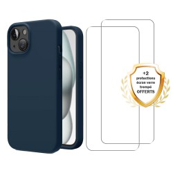Coque iPhone 15 Silicone liquide Bleue Marine + 2 Vitres en Verre trempé Protection écran Antichocs
