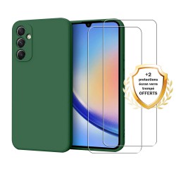 Coque Samsung Galaxy A34 Silicone liquide Verte + 2 Vitres en Verre trempé Protection écran Antichocs
