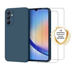 Coque Samsung Galaxy A34 Silicone liquide Bleue Marine + 2 Vitres en Verre trempé Protection écran Antichocs
