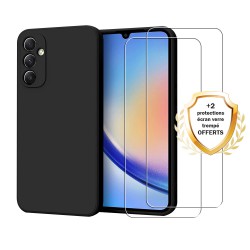 Coque Samsung Galaxy A34 Silicone liquide Noire + 2 Vitres en Verre trempé Protection écran Antichocs