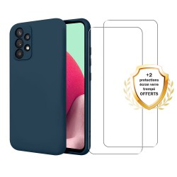 Coque Samsung Galaxy A32 Silicone liquide Bleue Marine + 2 Vitres en Verre trempé Protection écran Antichocs