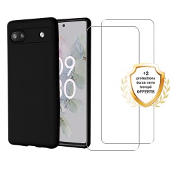 Coque Google Pixel 6A Silicone liquide Noire  + 2 Vitres en Verre trempé Protection écran Antichocs