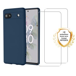 Coque Google Pixel 6A Silicone liquide Bleue Marine + 2 Vitres en Verre trempé Protection écran Antichocs