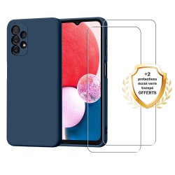 Coque Samsung Galaxy A13 Silicone liquide Bleue Marine + 2 Vitres en Verre trempé Protection écran Antichocs