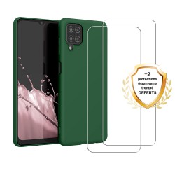 Coque Samsung Galaxy A12 Silicone liquide Verte + 2 Vitres en Verre trempé Protection écran Antichocs