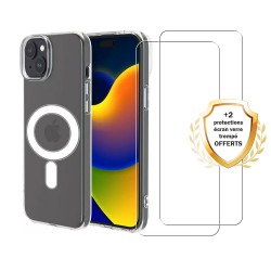 Coque iPhone 15 Transparente Compatible Magsafe + 2 Vitres Protection Ecran