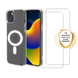 Coque iPhone 15 Plus Transparente Compatible Magsafe + 2 Vitres Protection Ecran