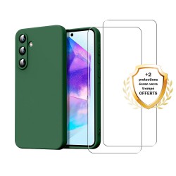 Coque Samsung Galaxy A15 Silicone liquide Verte  + 2 Vitres en Verre trempe Protection ecran Antichocs