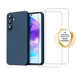Coque Samsung Galaxy A15 Silicone liquide Bleue  + 2 Vitres en Verre trempe Protection ecran Antichocs